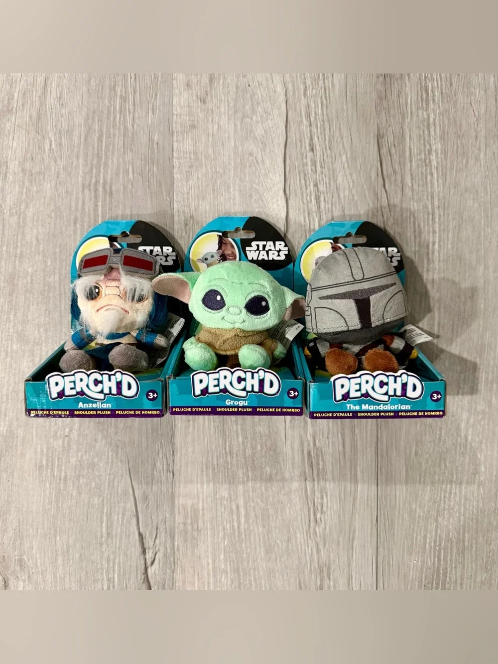 Set of Three Star Wars Perch'd Plush The Mandalorian Grogu Anzellan
